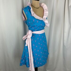 LaRoque Blue Palm Print Wrap Dress M?Pink Ruffle Trim Sleeveless Preppy READ